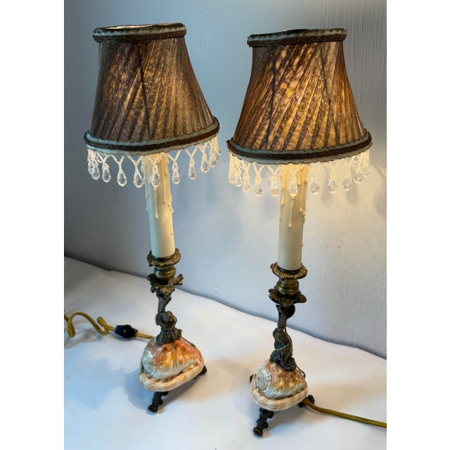 Vintage Art Nouveau Bronze Figural and Shell Lamps- A Pair For Sale In Dallas - Image 6 of 9