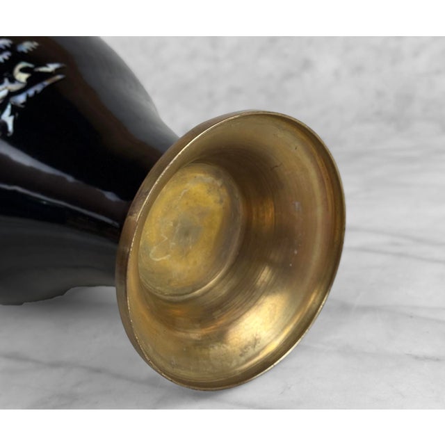 Vintage 14" Chinese Brass & Black Enamel Mother of Pearl Inlaid Vase For Sale - Image 11 of 11