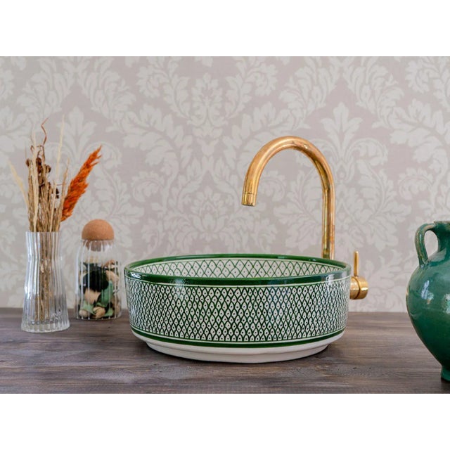 Moroccan Handmade Green Vessel Ceramic Sink for Bathroom For Sale - Image 4 of 5