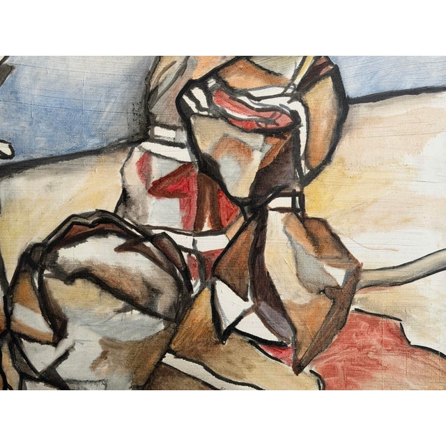 A striking, large-scale mid-century modern abstract painting that brings immediate architectural energy to a room....