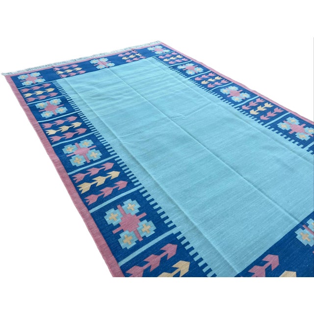 Textile Not Yet Made - Made To Order Handmade Cotton Natural Vegetable Dyed Reversible Green Blue Pink Leaf Pattern Rug Dhurrie - 9'x12' For Sale - Image 7 of 11