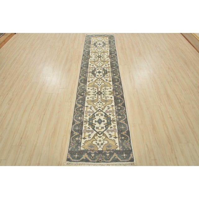 Tribal Oushak Runner 2'6'' X 9'10'' Ivory Wool Tribal Hand-Knotted Oriental Rug For Sale - Image 3 of 12