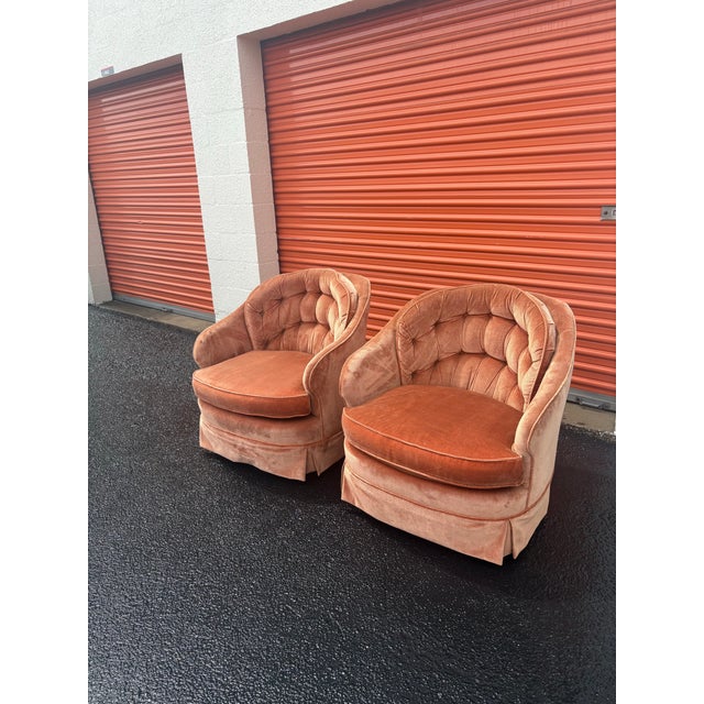 1980s Mid Century Modern Swivel Barrel Tufted Club Lounge Chairs For Sale - Image 5 of 11