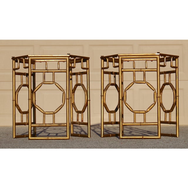 Hollywood Regency Vintage Hollywood Regency Gold Gilt Metal Chinoiserie Side Tables – Pair For Sale - Image 3 of 15