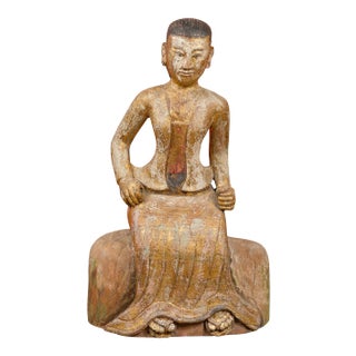 Burmese 19th Century Hand Carved, Gilded and Painted Sculpture of a Seated Woman For Sale