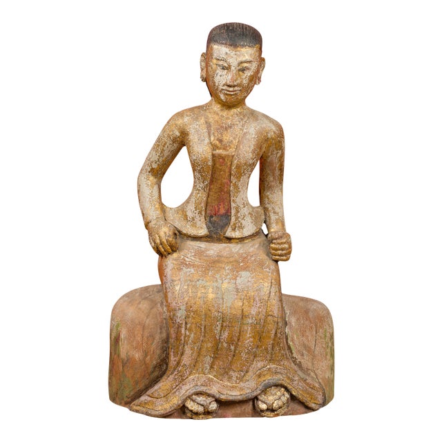 Burmese 19th Century Hand Carved, Gilded and Painted Sculpture of a Seated Woman For Sale