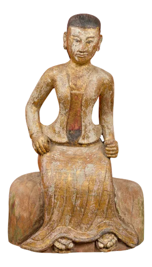 Burmese 19th Century Hand Carved, Gilded and Painted Sculpture of a Seated Woman
