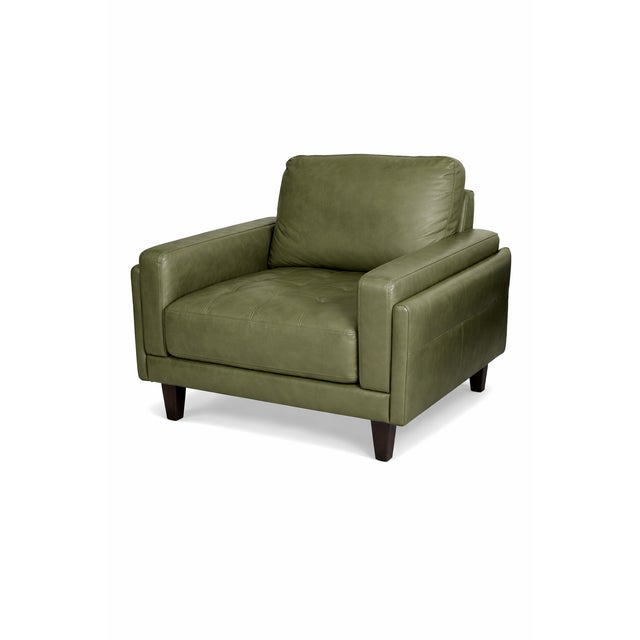 DESCRIPTION: A handsome pair of olive green leather club chairs with clean, modern lines and substantial comfort. These...