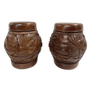 Antique Hand Carved Wooden Hollow Drum-Shaped Chinese Garden Stools—A Pair For Sale