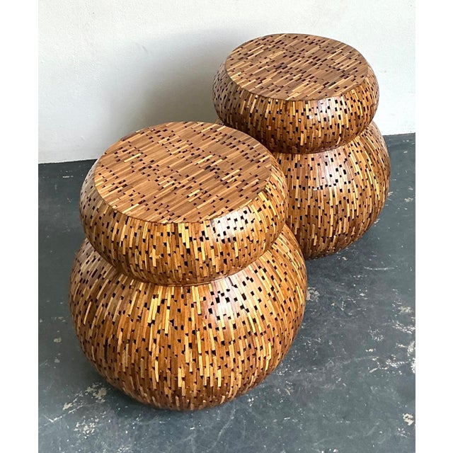 Mid-Century Modern Vintage Wood Mosaic Low Stools - A Pair For Sale - Image 3 of 18