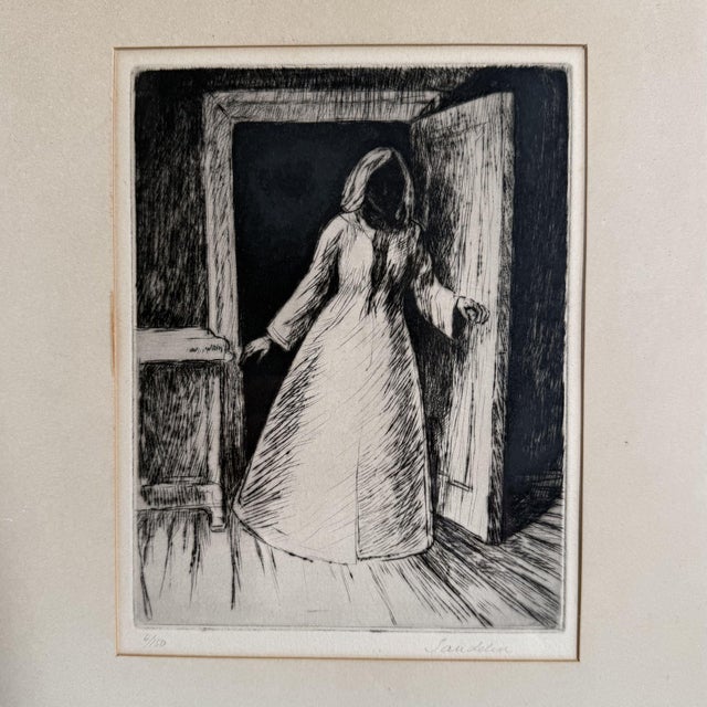 Authentic etching by Swedish artist Börje Sandelin, known under the title Kvinna i Dörr, or Woman in the Doorway. The work...