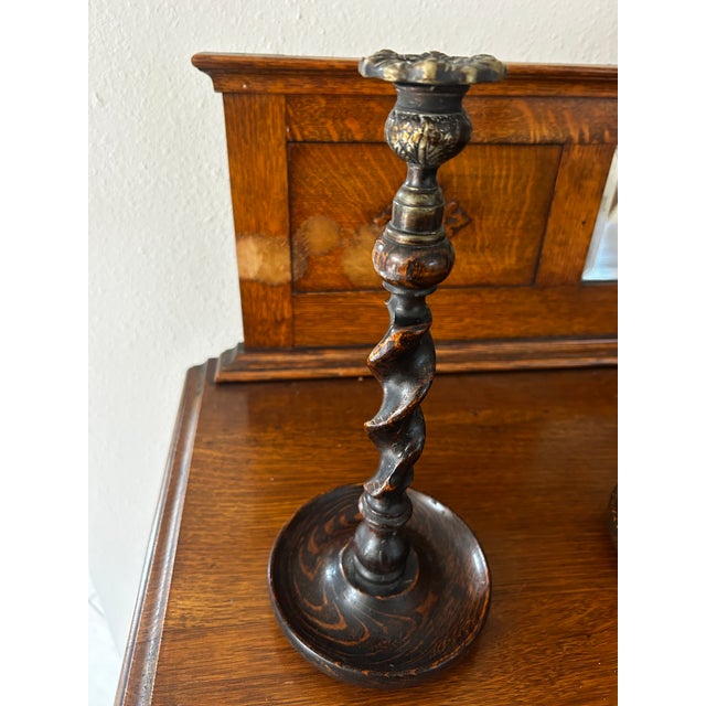 Antique English Barley Twist Tiger Oak Candlesticks With Brass Cobeches For Sale In Sacramento - Image 6 of 7