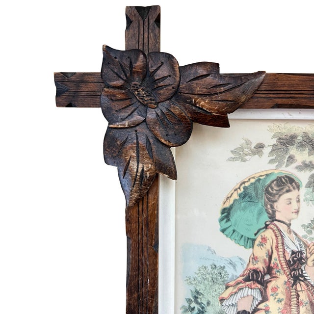 Alain Le Foll Pair of Victorian Fashion Engravings in Carved Black Forest Frames, 19th C. For Sale - Image 4 of 17