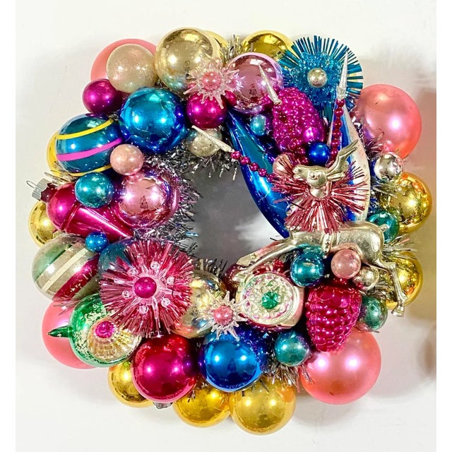English Pair of Handmade Christmas Wreaths With Vintage Glass Ornaments & Reindeer For Sale - Image 3 of 12