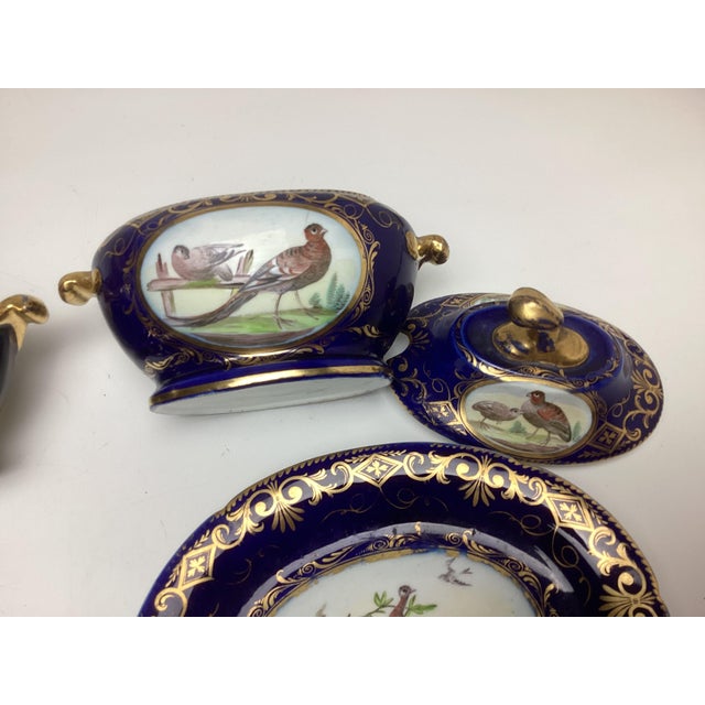 Blue Pair Antique Coalport Porcelain Cobalt With Birds Covered Sauce Tureens With Under Plates For Sale - Image 8 of 12