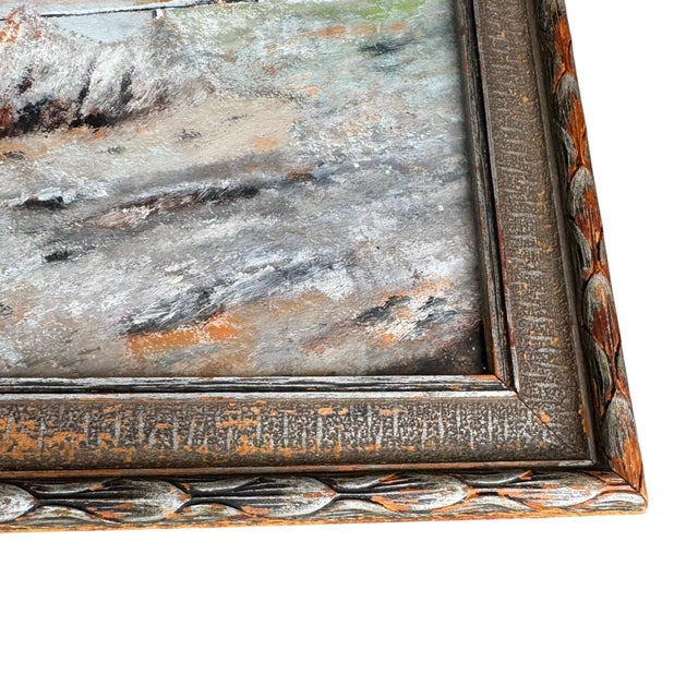 A beautiful vintage oil painting of the Maine coastline, capturing the quiet charm of rocky shores, evergreen trees, and a...
