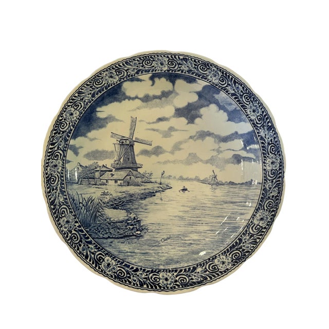 Mid 20th Century Vintage Large Delft Boch Blue and White Plate With Sea and Windmill Scene For Sale - Image 5 of 5