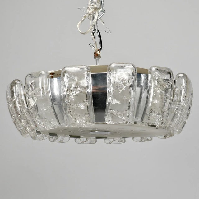 Circa early 1970s flush mount light fixture by Kalmar. Round fixture was a thick satin glass cover and clear icicle glass...