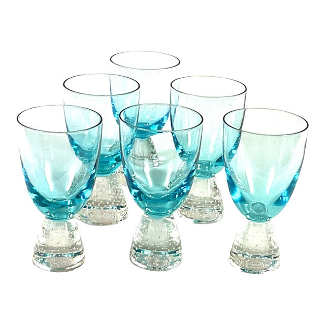 1990s Portuguese Controlled Bubble, Blue, 4 Ounce Shooter/Shot Glasses – Set of Six For Sale