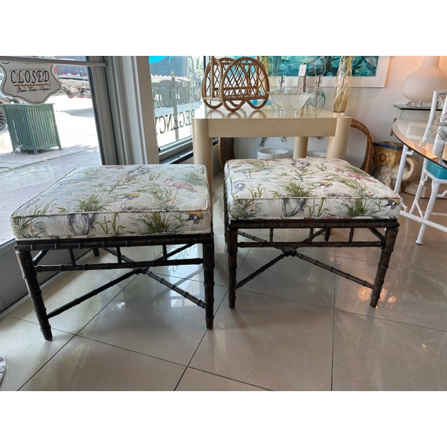 Hollywood Regency Vintage Faux Bamboo Ottomans Benches Stools Birds New Upholstery -A Pair For Sale - Image 3 of 13