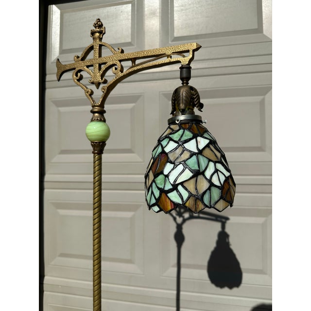 1920s Antique Art Deco Uranium Glass Jadeite Floor Lamp With Stained Glass Shade For Sale - Image 9 of 9