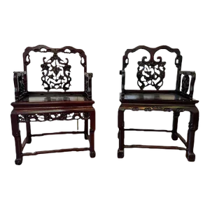 19th Century Pair of Antique Oriental Marble Inset Carved Stained Armchairs