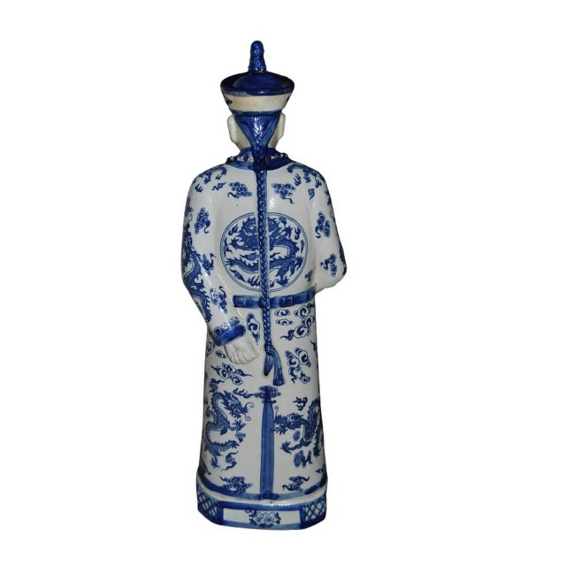 Chinese Blue & White Statuette of Emperor or Figure of Official in Dragon Robe For Sale - Image 4 of 10
