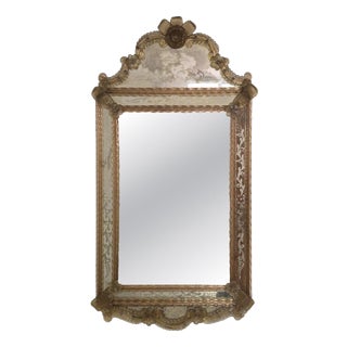 Venetian Murano Glass Wall Mirror with Floral Engraving and Amber Details, 1950 For Sale