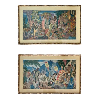 1940s Pair of Matson Lines Hawaii Lithograph Menus by Eugene Savage, "Pomp & Circumstance" and "Island Feast" Custom Framed For Sale