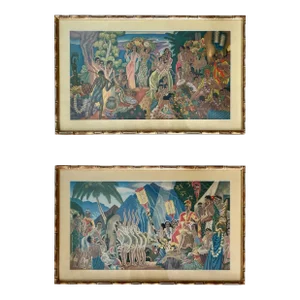 1940s Pair of Matson Lines Hawaii Lithograph Menus by Eugene Savage, "Pomp & Circumstance" and "Island Feast" Custom Framed