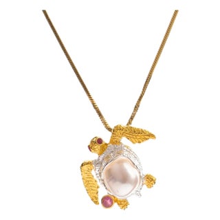 Eternal Wisdom Turtle Pearl & Ruby Necklace For Sale
