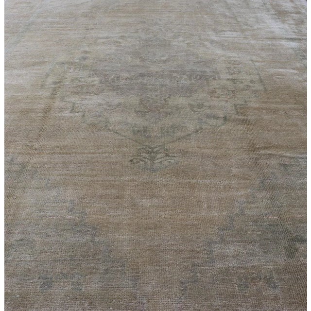 Tan Light Color Oushak Vintage Rug With Pastel Colors in Tan, Green, Butter Yellow and Taupe For Sale - Image 8 of 13