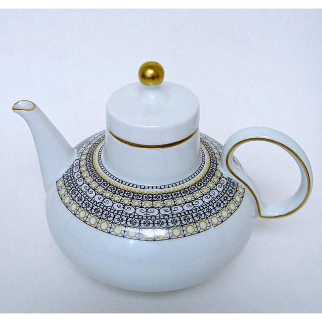 Vintage Verbano Industria Argentina porcelain teapot in white glaze with intricate decoration in gold, goldenrod and...