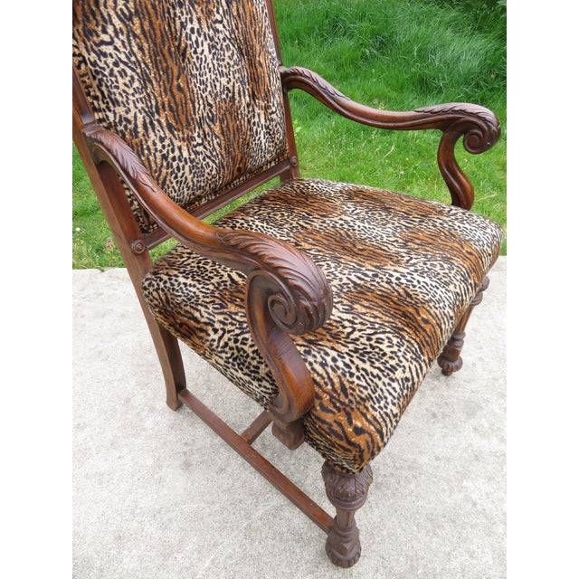 Brown Antique Carved Wood Spanish Revival Arm Throne Chair W/ Leopard Tiger Jungle Cat Velvet Upholstery For Sale - Image 8 of 17