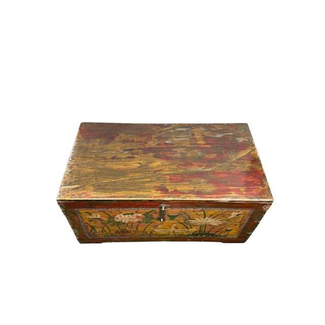 Asian Vintage Distressed Brick Red Brown Lotus Cranes Oriental Wood Trunk Table For Sale - Image 3 of 12