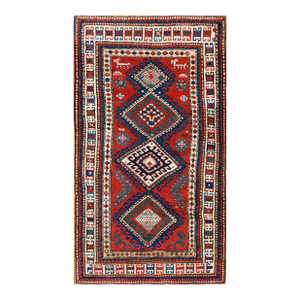 1890s Red Diamond Antique Caucasian Kazak Rug 3'7" X 6'3" Handknotted Wool Carpet