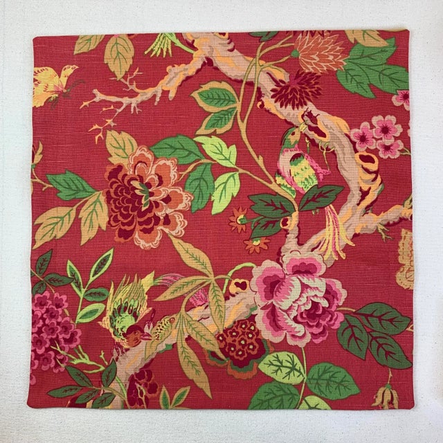 Chinoiserie Richloom Green Orange Pink Tan Bird on a Vine Botanical Chinoiserie Floral Linen Pillow Covers- Pair For Sale - Image 3 of 5