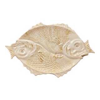 Vintage Bordallo Pinheiro Double Fish Platter — White Portuguese Majolica, 15.5" For Sale