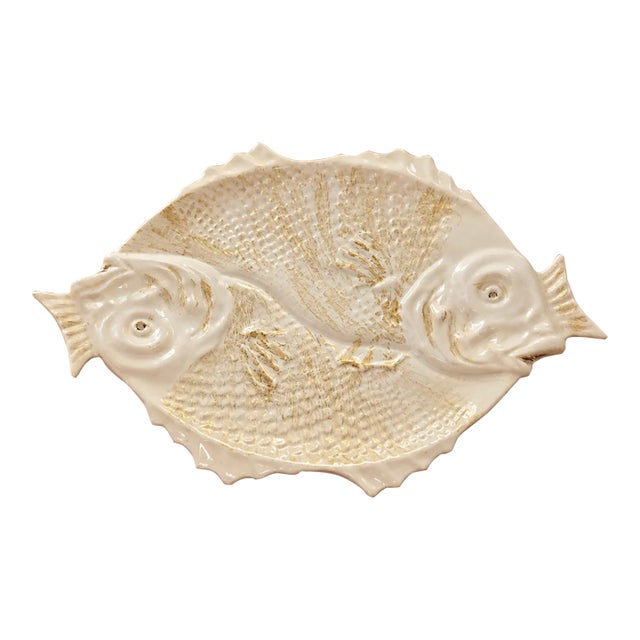Vintage Bordallo Pinheiro Double Fish Platter — White Portuguese Majolica, 15.5" For Sale