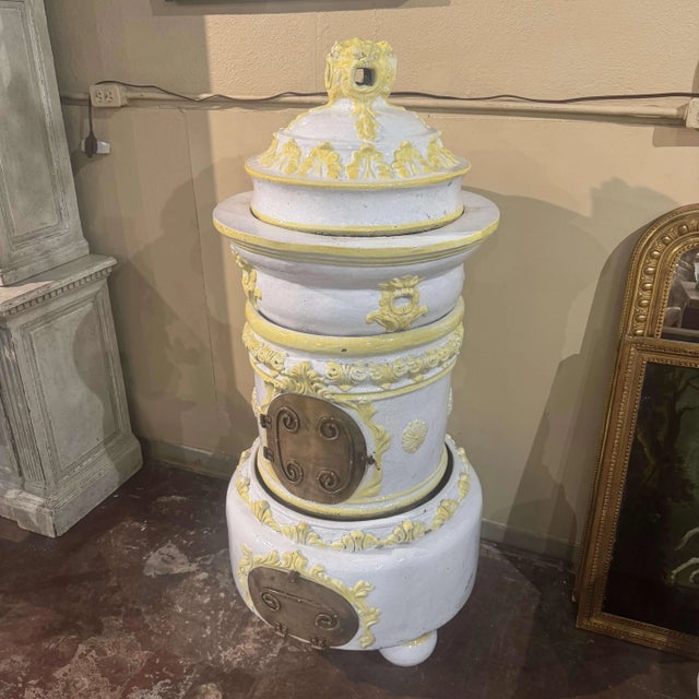 19th Century French Glazed Terracotta and Brass Wood-Burning Stove For Sale - Image 11 of 13