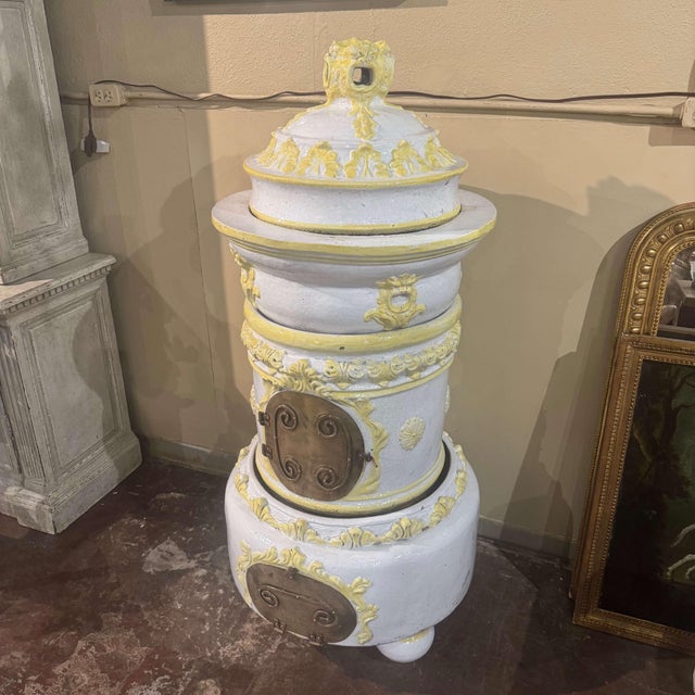 19th Century French White and Yellow Terracotta and Brass Wood Burning Stove For Sale - Image 11 of 12