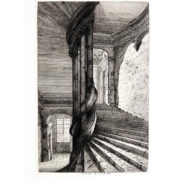 French Antique 19th Century French Etching of Chateau Châteaux D' Oiron Staircase Architectural Detail For Sale - Image 3 of 4