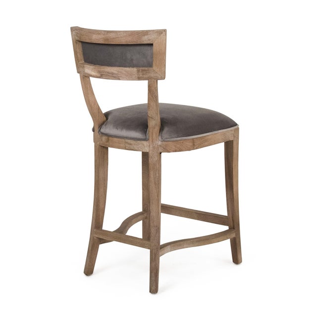 French Country Carvell Counter Stool - Gray Velvet / Weathered Oak Frame For Sale - Image 3 of 4