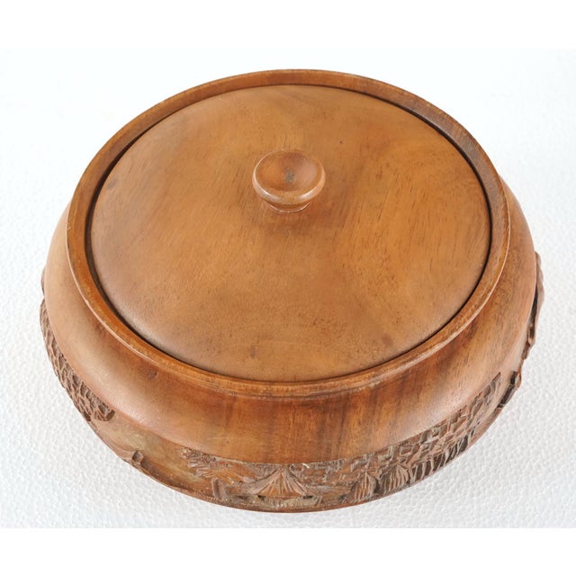Wood Vintage Asian Hand Carved Wooden Serving Bowl With Lid For Sale - Image 7 of 10