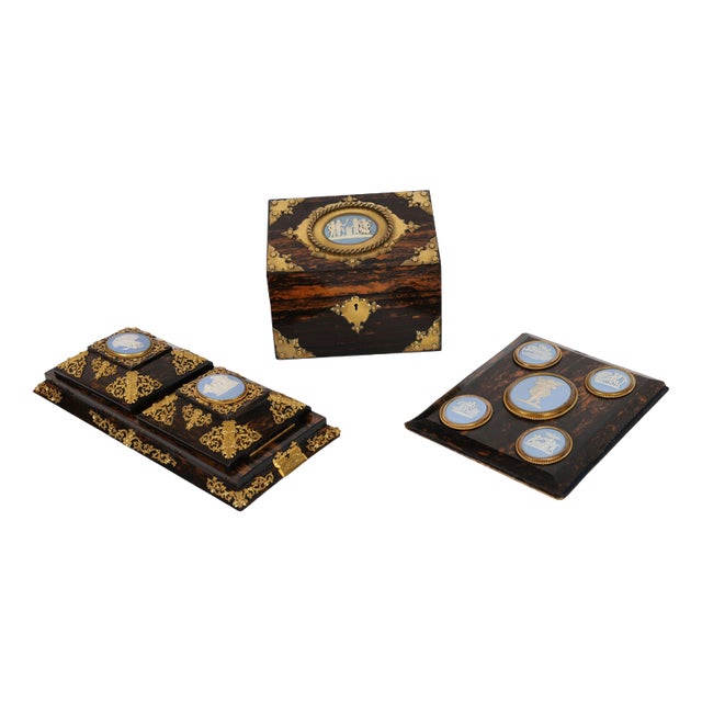 Antique Coromandel Ormolu Jasperware Desk Set from Edwards & Jones, 1800s, Set of 3 For Sale