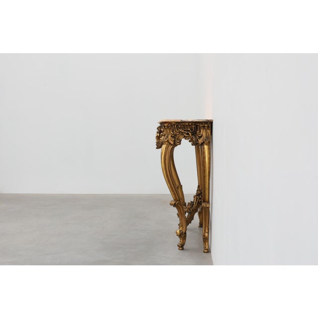 Wood Louis XV Rococo Style Carved Gilt Console Table with Rose Marble Top, Italy, 1950s For Sale - Image 7 of 16