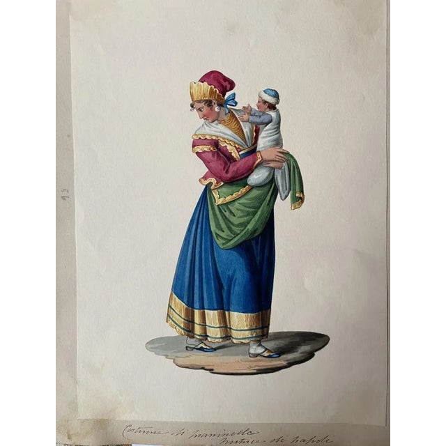 Michela De Vito, Costume of Naples, Original Gouache, 19th Century For Sale