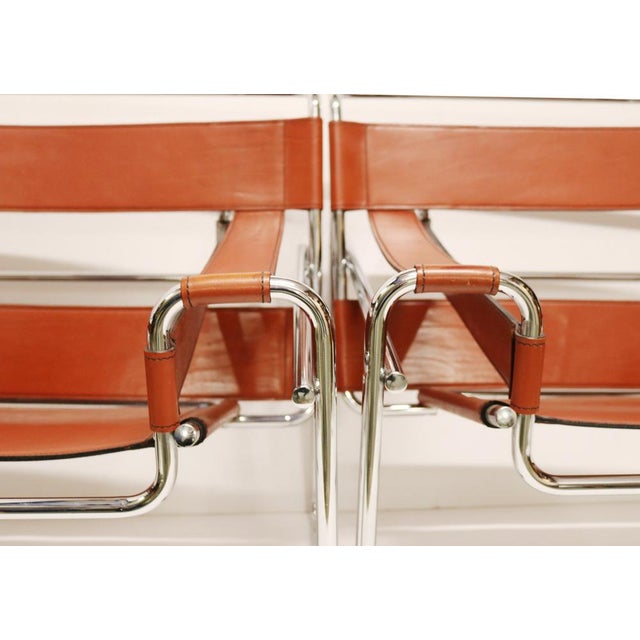 Tubular Chrome and Brown Tan Leather Wassily Chair / B3 Chair designed by Marcel Breuer - later version likely 1980's