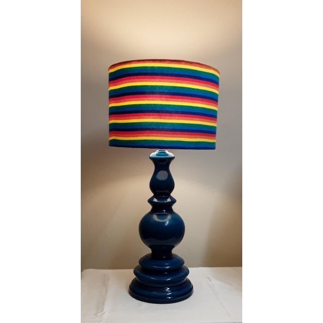 Vintage Table Lamp with Blue Ceramic Foot and Rainbow Shade, 1970s For Sale - Image 6 of 9