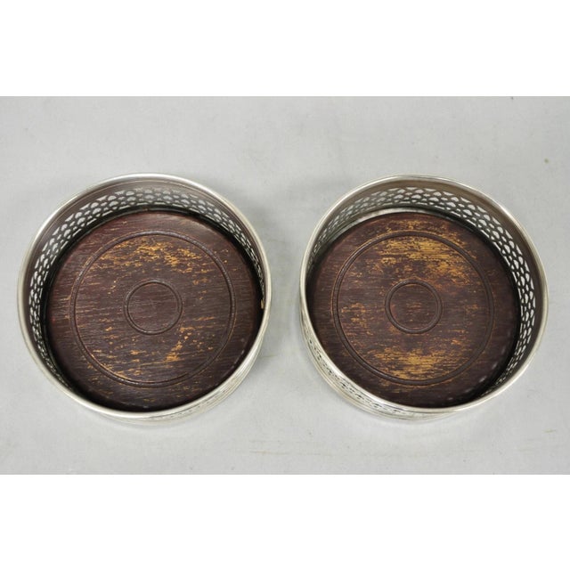 Metal Vintage English Victorian Wood & Silver Plated Bar Wine Bottle Coaster - A Pair For Sale - Image 7 of 11